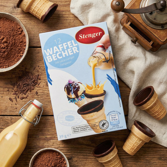 12 Stk. knusprige Waffelbecher mit Schokoladenüberzug innen - Stenger - für Eierlikör oder Desserts