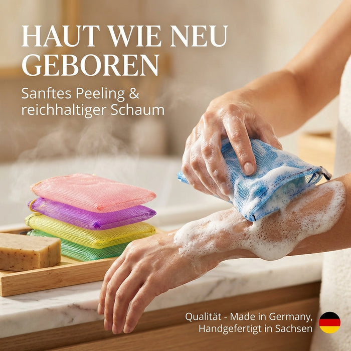 5 Seifenbeutel rot lila gelb grün blau aus Perligran 13x9 cm groß - Mehrfachpack Badeperli