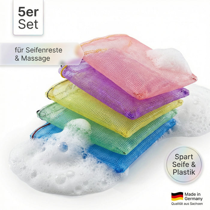 5 Seifenbeutel rot lila gelb grün blau aus Perligran 13x9 cm groß - Mehrfachpack Badeperli