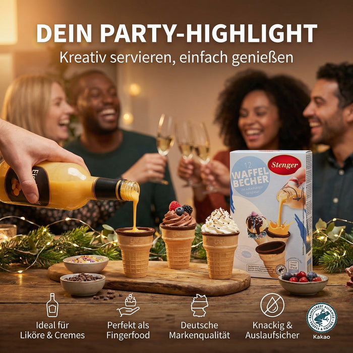 12 Stk. knusprige Waffelbecher mit Schokoladenüberzug innen - Stenger - für Eierlikör oder Desserts