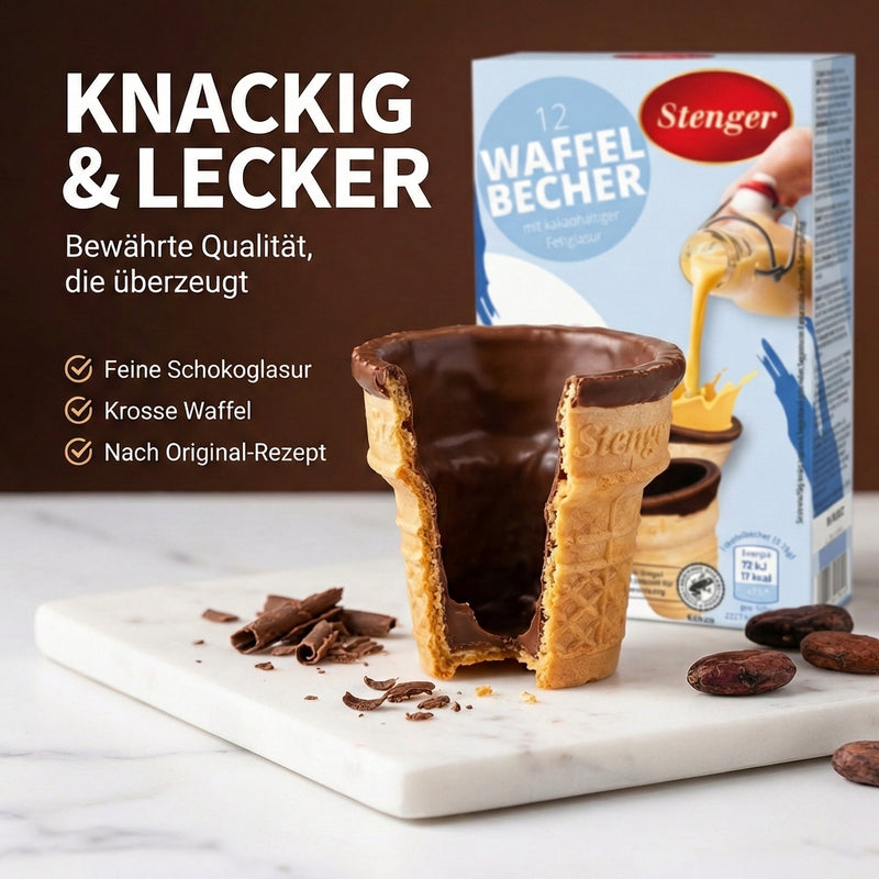 12 Stk. knusprige Waffellikörbecher mit Schokoladenüberzug innen - Stenger - für Eierlikör oder Desserts