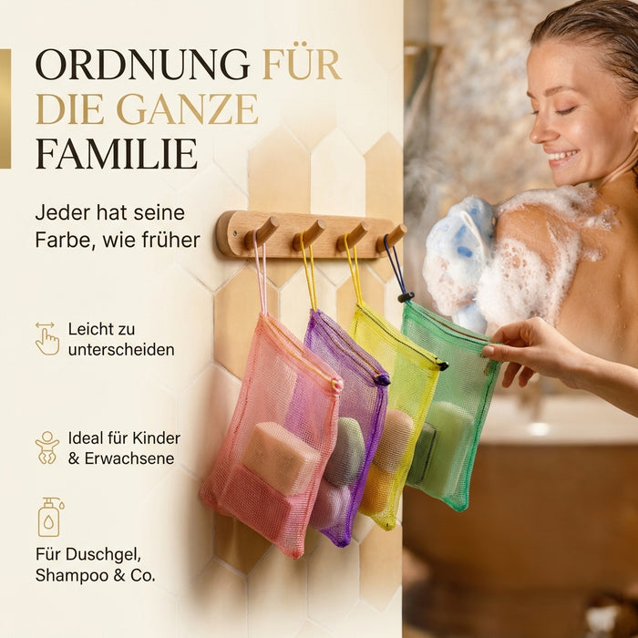 5 Seifenbeutel rot lila gelb grün blau aus Perligran 13x9 cm groß - Mehrfachpack Badeperli