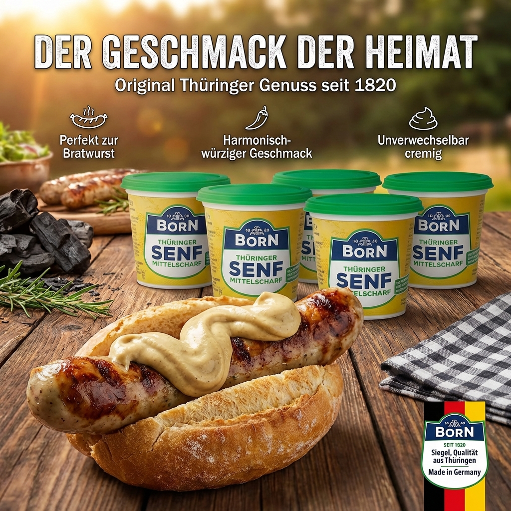 Born Thüringer Senf - Klassiker für Bratwurst & Salate, Dressings oder Braten- & Senfsoßen. Thüringer Anbau mittelscharf 200ml