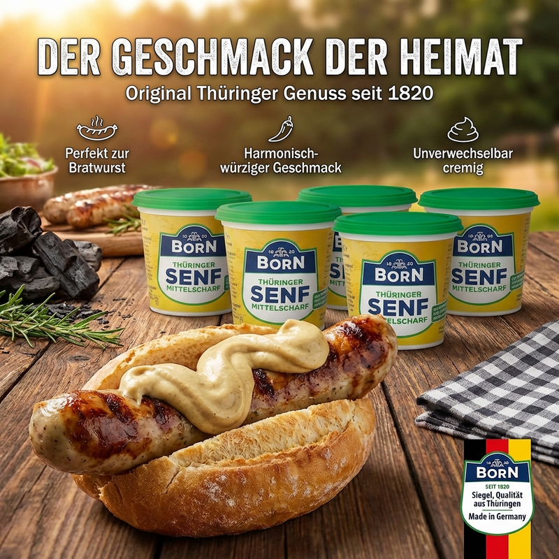 Born Thüringer Senf - Klassiker für Bratwurst & Salate, Dressings oder Braten- & Senfsoßen. Thüringer Anbau mittelscharf 200ml