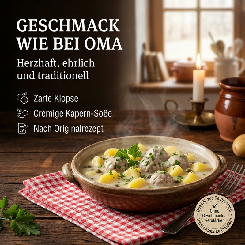 Dreistern Königsberger Klopse aus fein zerkleinertem Schweinefleisch mit Kartoffeln in Kapernsauce - einfach aufwärmen & fertig 400g