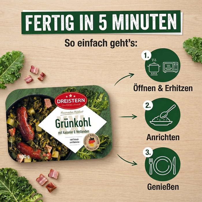 Dreistern Grünkohl mit herzhaften Kassler & 4 Mettenden - schnell zubereitet & kräftig im Geschmack 800g