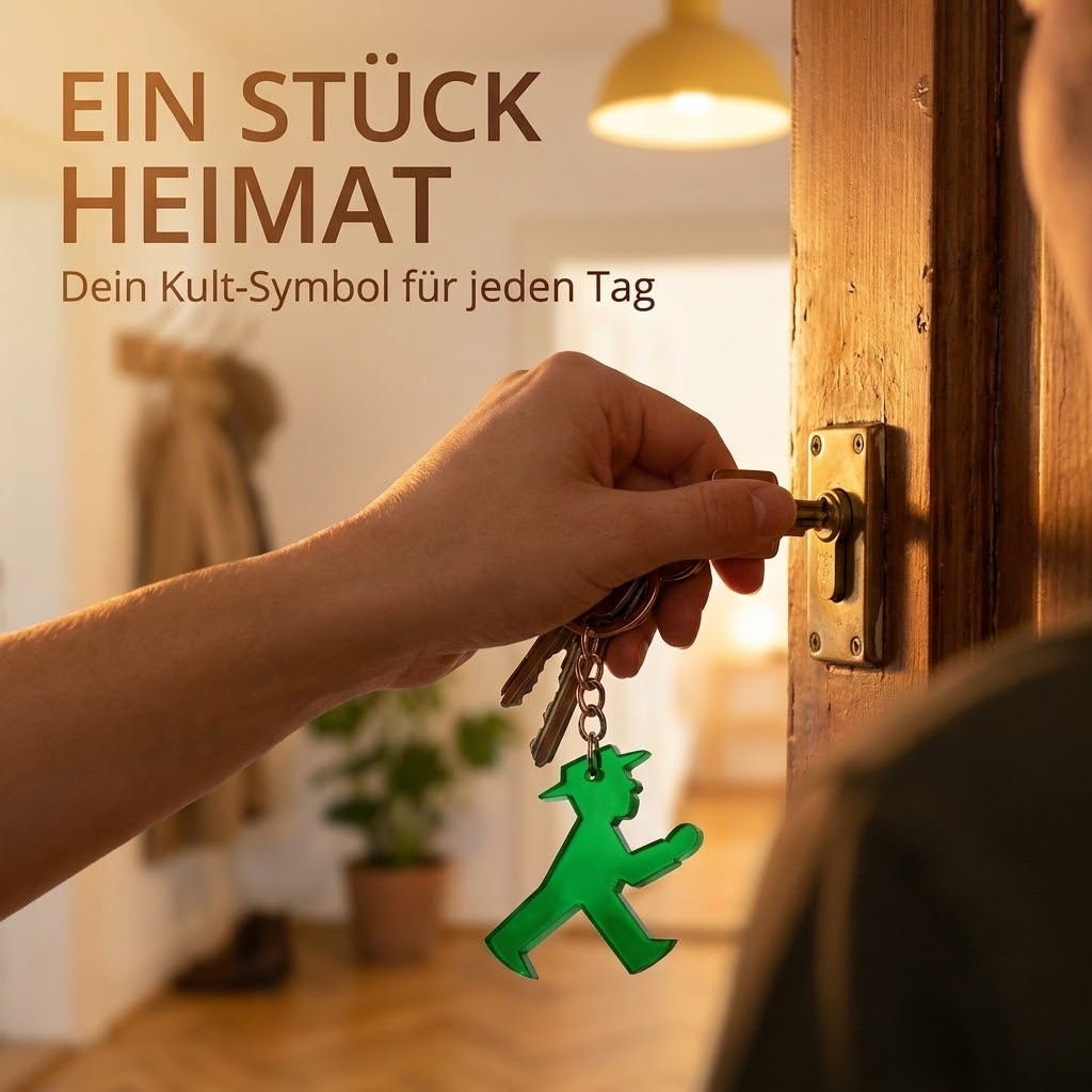 Grüner Schlüsselanhänger in Form des Ampelmännchen-Gehers mit Metallkette und Ring, Größe: 5x5x0,5 cm