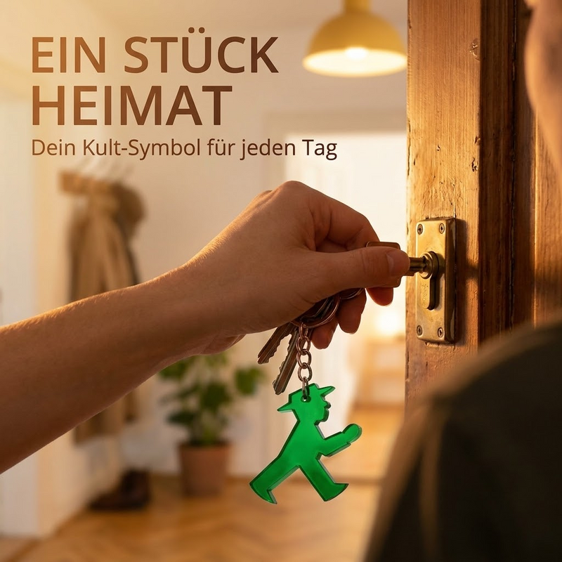 Grüner Schlüsselanhänger in Form des Ampelmännchen-Gehers mit Metallkette und Ring, Größe: 5x5x0,5 cm