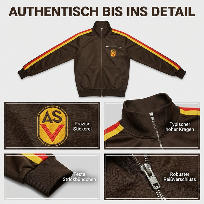 NVA Sportjacke ASV Vorwärts Repro – DDR Kult Trainingsjacke, braun, mit Reißverschluss & ASV-Aufnäher