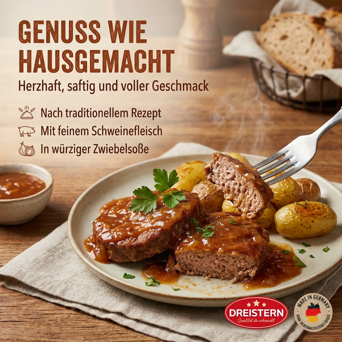 Dreistern Hackbraten 900g – 6 Stück in würziger Zwiebelsauce – Herzhaftes Fertiggericht in Mikrowellenschale, lange haltbar & schnell serviert in Hausmacher Qualität