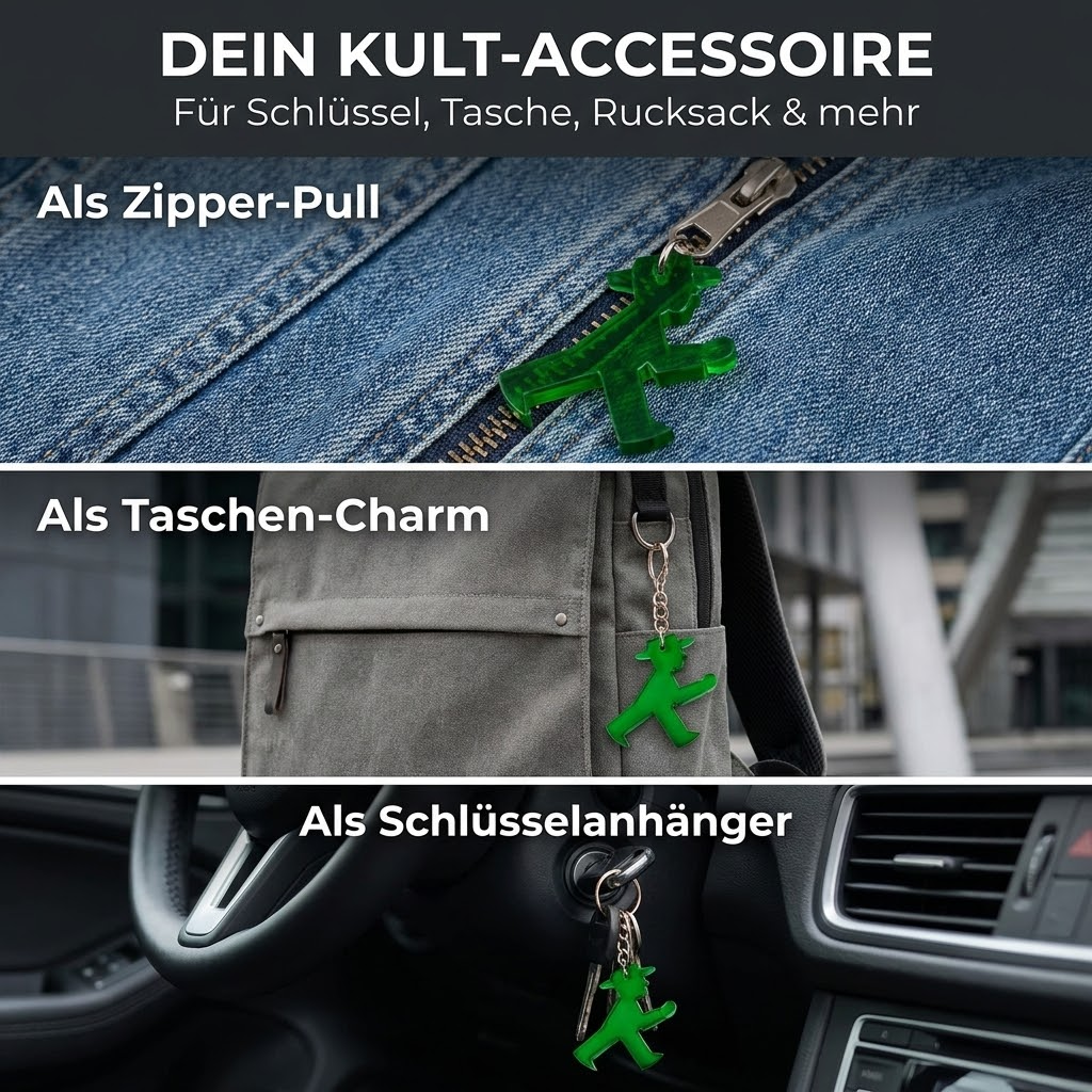 Grüner Schlüsselanhänger in Form des Ampelmännchen-Gehers mit Metallkette und Ring, Größe: 5x5x0,5 cm