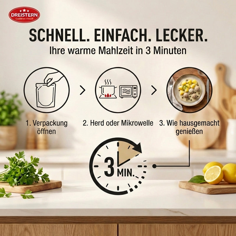 Dreistern Königsberger Klopse aus fein zerkleinertem Schweinefleisch mit Kartoffeln in Kapernsauce - einfach aufwärmen & fertig 400g