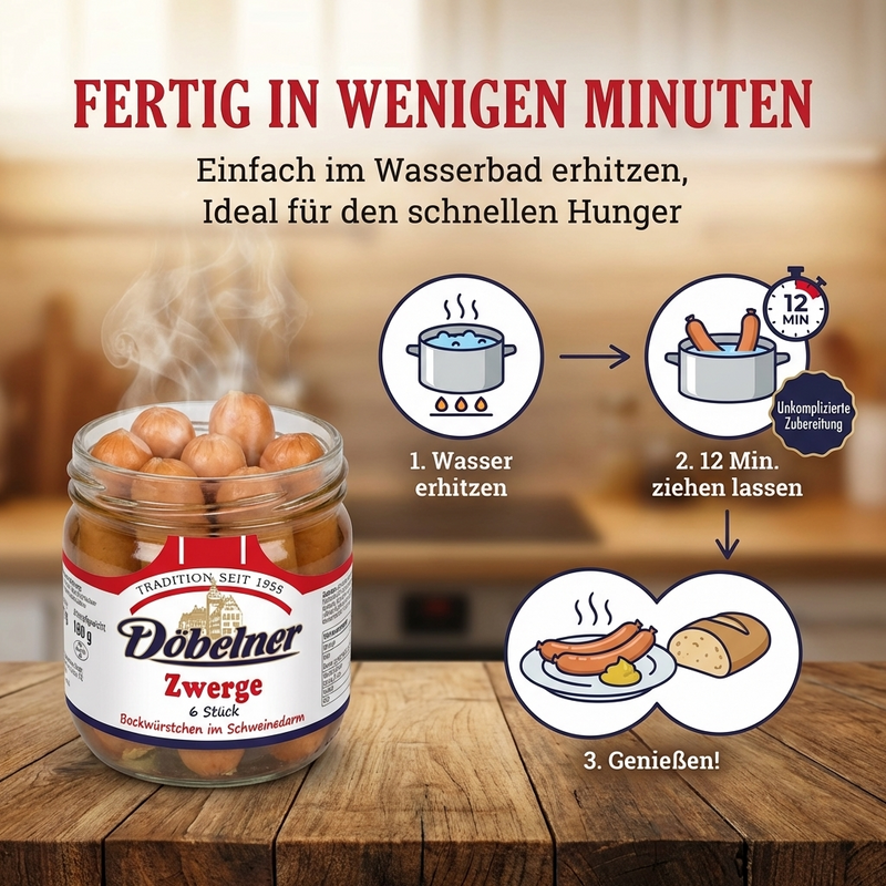 Döbelner Zwerge Bockwürstchen im Schweinedarm, 6 × 30 g, Abtropfgewicht 180 g – geräuchert, in klarer Lake