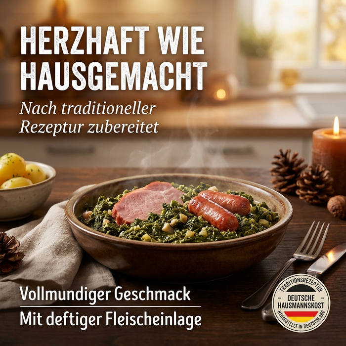 Dreistern Grünkohl mit herzhaften Kassler & 4 Mettenden - schnell zubereitet & kräftig im Geschmack 800g