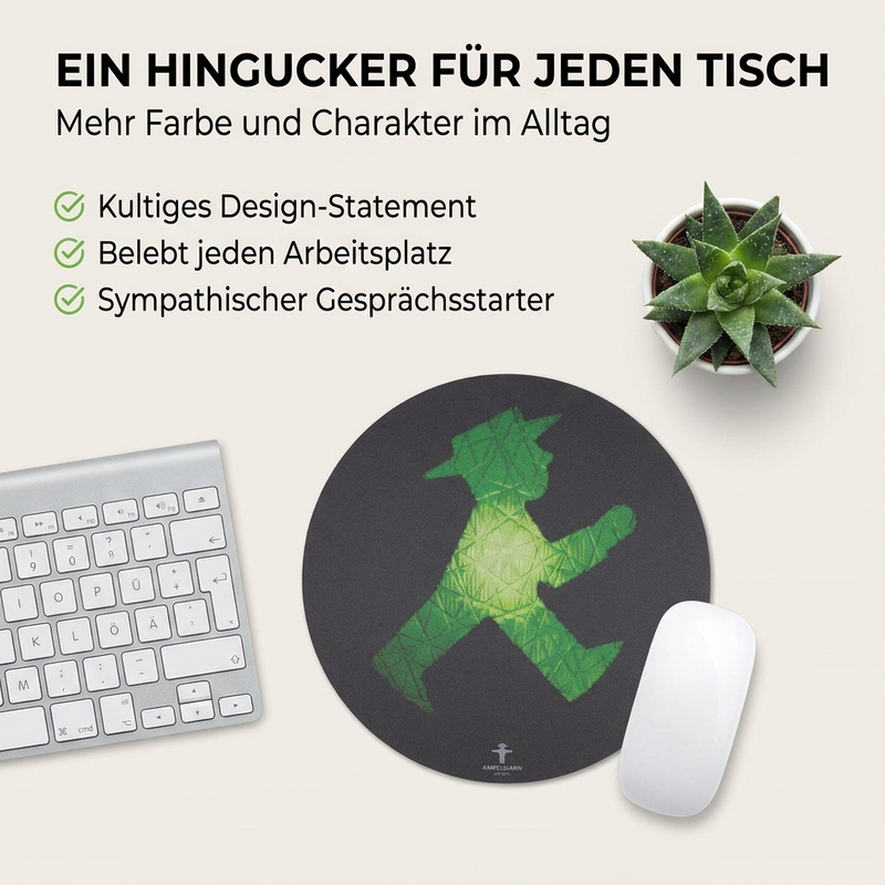 Mousepad Ampelmann Geher – Ø 21 cm, Schwarz mit grünem Druck, rutschfest & abwaschbar