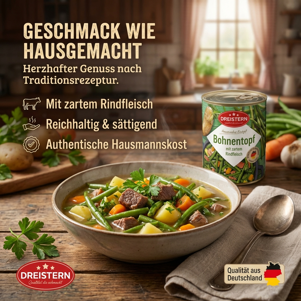 Dreistern Bohnentopf mit zartem Rindfleisch - Hausgemachter Eintopf grüne Bohnen - kurz erhitzen - fertig 800g
