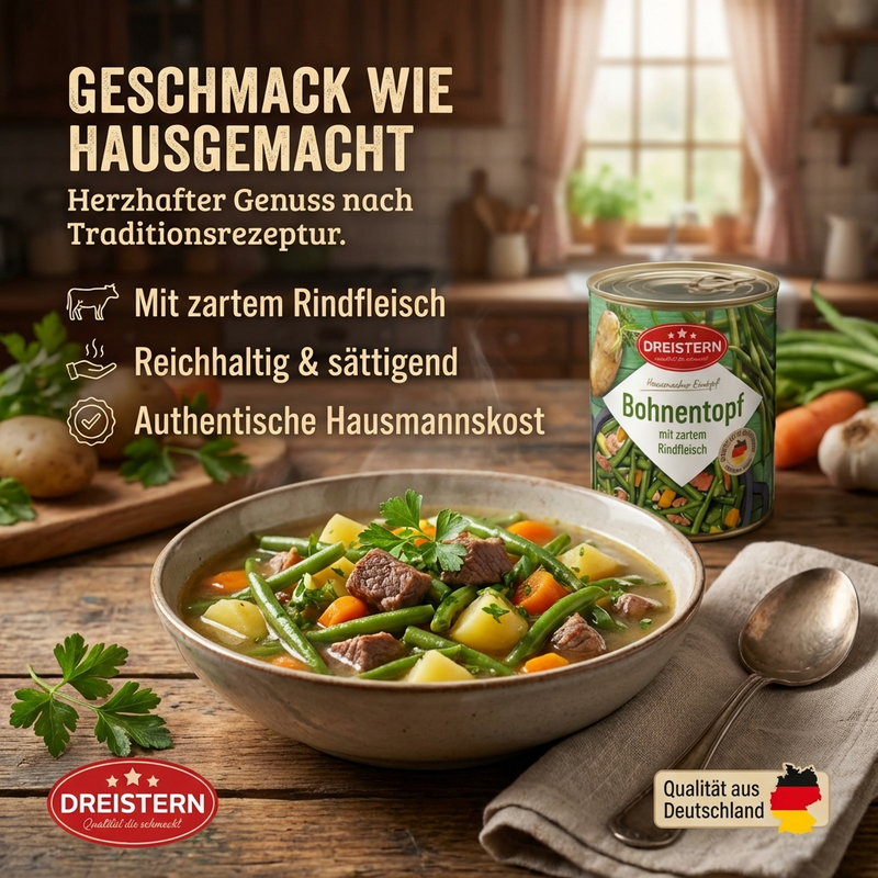 Dreistern Bohnentopf mit zartem Rindfleisch - Hausgemachter Eintopf grüne Bohnen - kurz erhitzen - fertig 800g