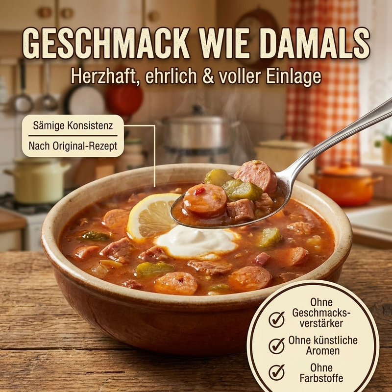 Original Schulküche – Schulküchen Soljanka mit Fleisch und Würstchen, 800g – Traditioneller Ossi-Klassiker