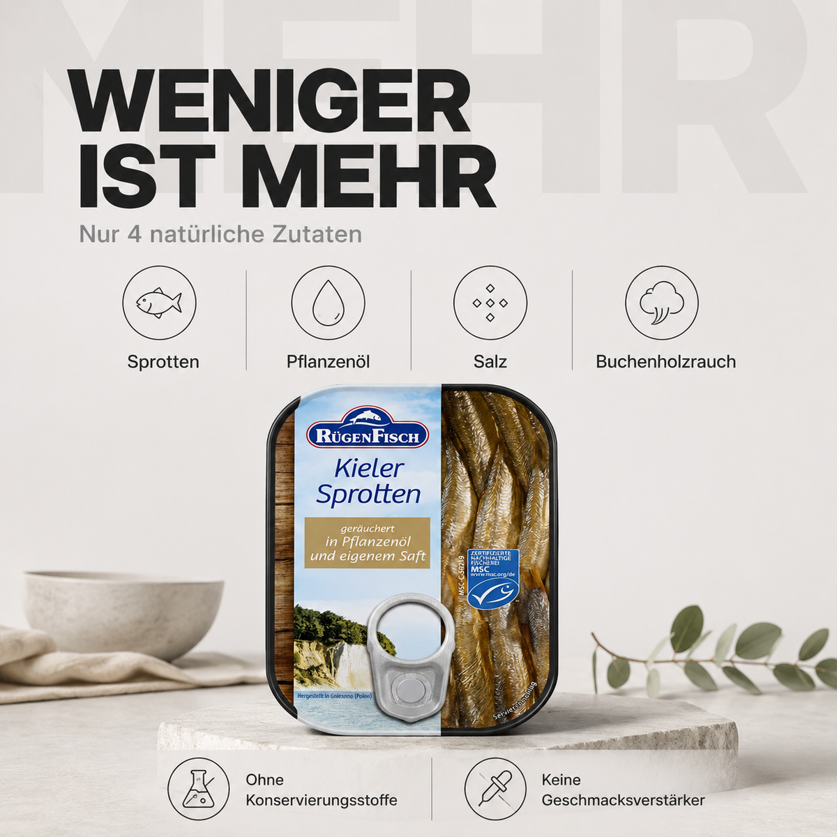 RügenFisch Kieler Sprotten in Pflanzenöl – Geräucherte Sprotten, handverlesen, MSC-zertifiziert 106g