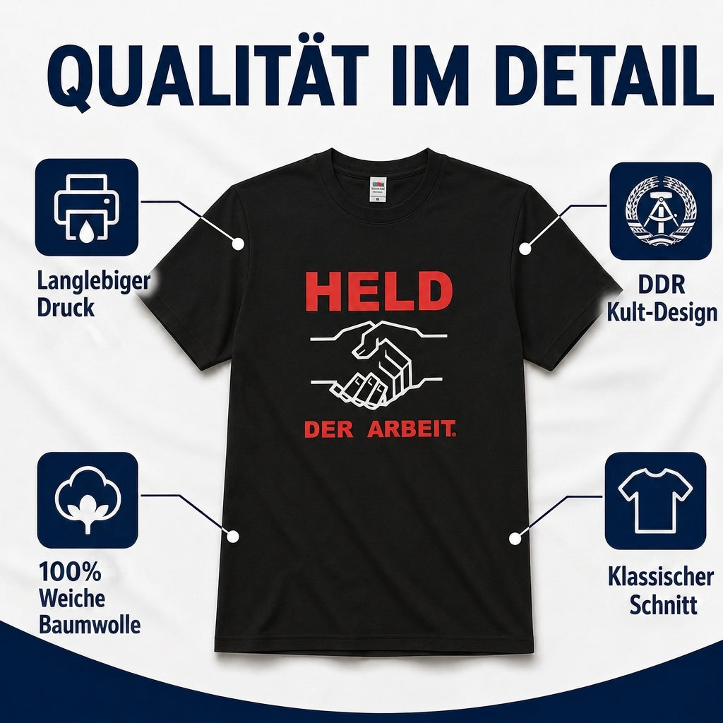 Held der Arbeit – Schwarzes T-Shirt mit farbigem Logo-Aufdruck - klassischer Unisex-Schnitt 100 % Baumwolle