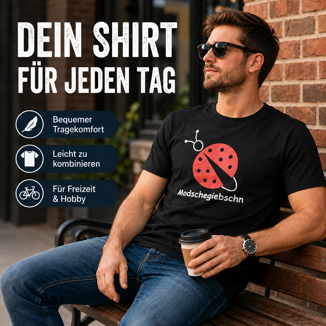 T-Shirt "Modschegiebschn" schwarz mit rot-weißem Aufdruck – 100% Baumwolle – Unisex gerader Schnitt