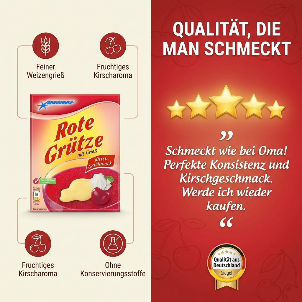 Komet Rote Grütze mit Grieß - Kirschgeschmack - einfach & schnell zubereitet, 50g