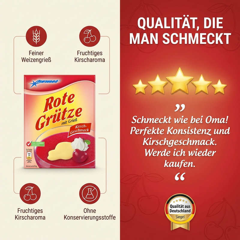 Komet Rote Grütze mit Grieß - Kirschgeschmack - einfach & schnell zubereitet, 50g