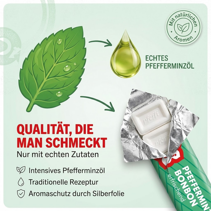 Pfeffi - Erfrischungs-Bonbons mit Pfefferminz 5 Stangen à 14 Bonbons, 50g