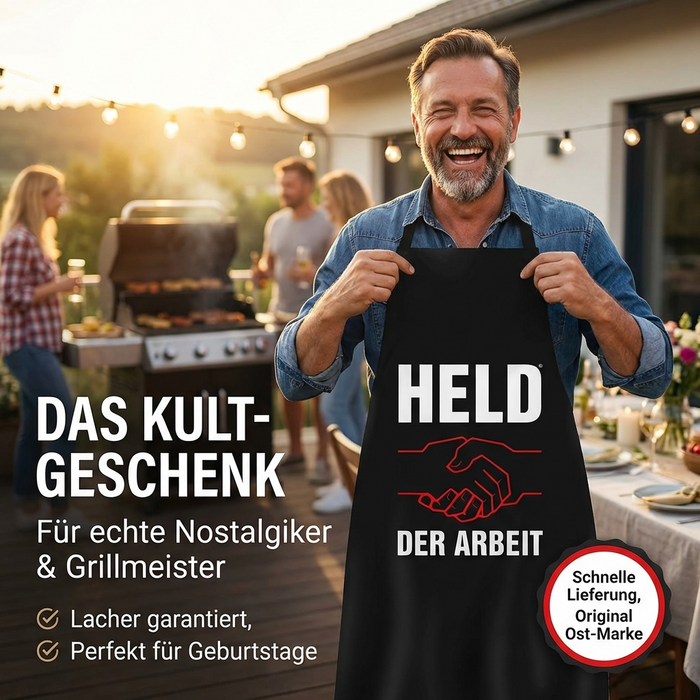 Koch- & Grillschürze „Held der Arbeit“, schwarz, 70×100 cm, Twill-Gewebe, mit zwei Taschen