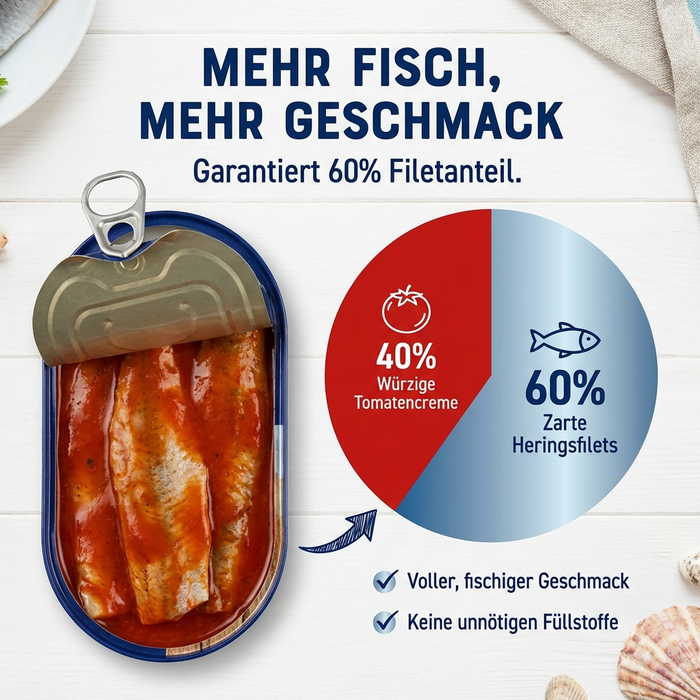 RügenFisch Heringsfilets in Tomaten-Creme 200 g – ohne Geschmacksverstärker - hohe Proteinquelle - Omega 3