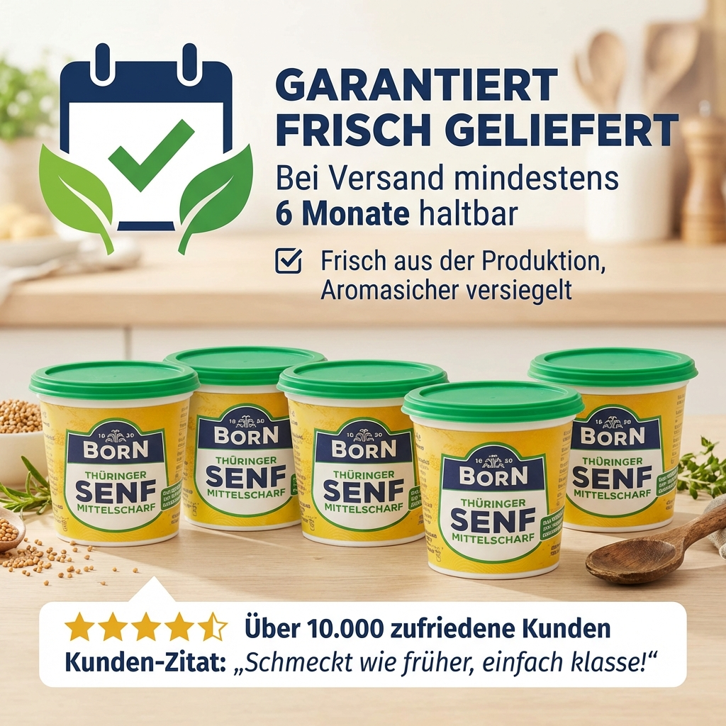 Born Thüringer Senf - Klassiker für Bratwurst & Salate, Dressings oder Braten- & Senfsoßen. Thüringer Anbau mittelscharf 200ml