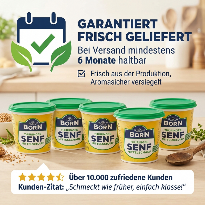 Born Thüringer Senf - Klassiker für Bratwurst & Salate, Dressings oder Braten- & Senfsoßen. Thüringer Anbau mittelscharf 200ml