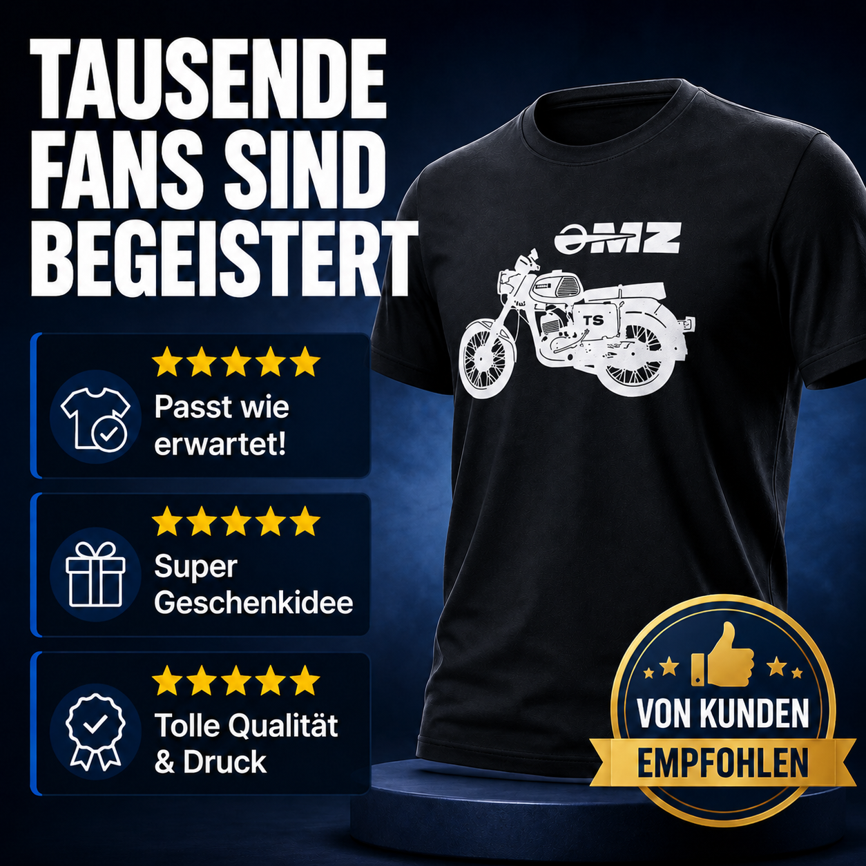 Schwarzes T-Shirt mit MZ TS 150 Modell aus 100% Baumwolle - klassischer Schnitt