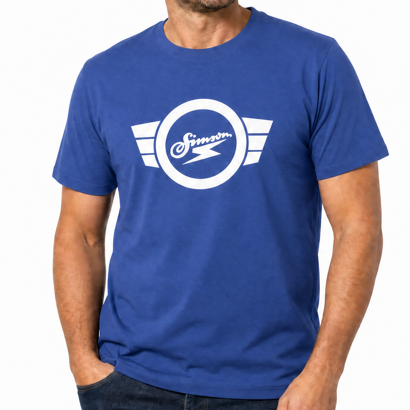 T-Shirt "Simson" blau mit weißem Simson-Logo & -Schriftzug - Unisex klassischer Schnitt - 100% Baumwolle