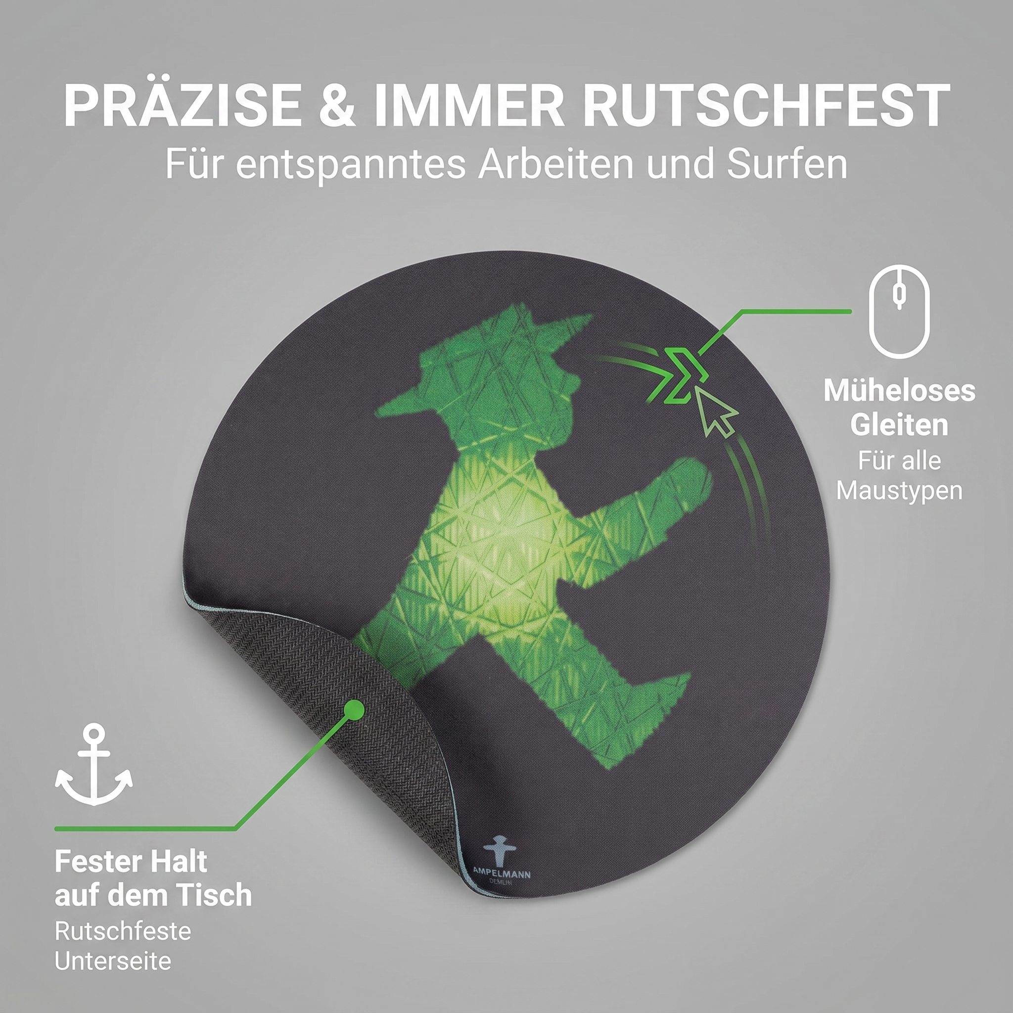 Mousepad Ampelmann Geher – Ø 21 cm, Schwarz mit grünem Druck, rutschfest & abwaschbar