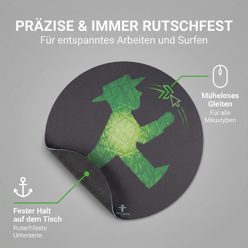 Mousepad Ampelmann Geher – Ø 21 cm, Schwarz mit grünem Druck, rutschfest & abwaschbar