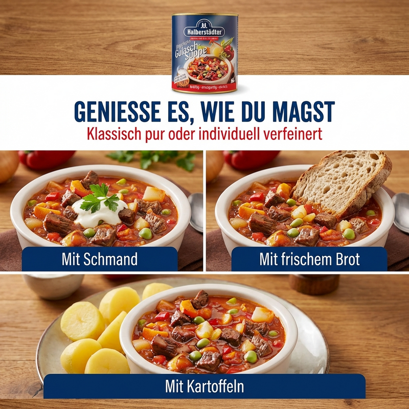Halberstädter Ungarische Gulaschsuppe 800 ml – kräftige Suppe aus Rindfleisch & Gewürzen mild scharf, im Kessel gekocht