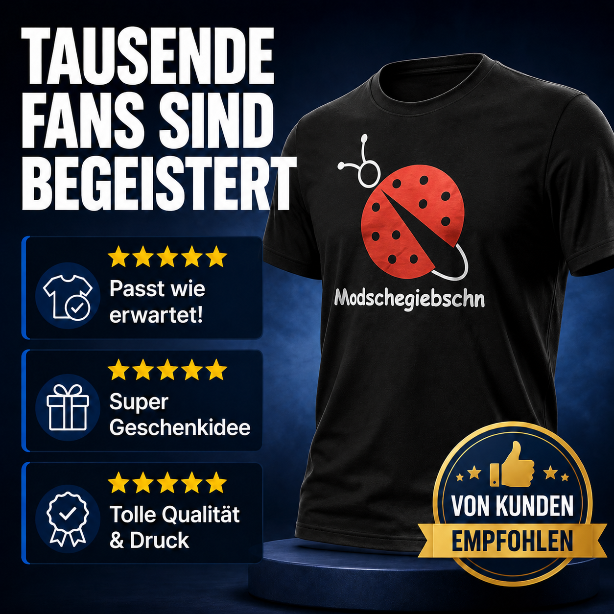 T-Shirt "Modschegiebschn" schwarz mit rot-weißem Aufdruck – 100% Baumwolle – Unisex gerader Schnitt