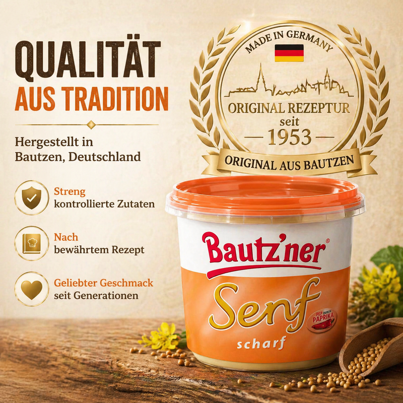 Bautzner Scharfer Senf 200 ml – würziger Senf mit Paprika, vegan & laktosefrei