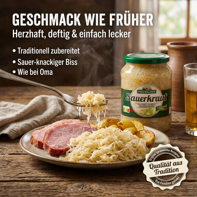 Sauerkraut - Milchsauer vergoren & schonend pasteurisiert - einfach erwärmen & sofort genießen - Spreewaldhof 650g