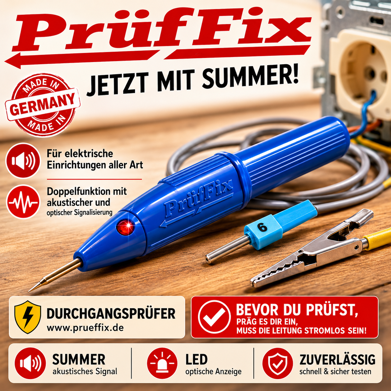 PrüfFix Durchgangsprüfer mit Kabel und Klemmen