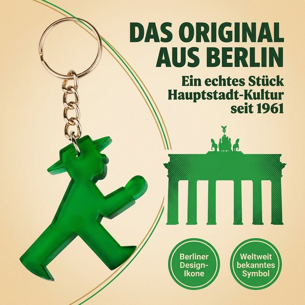 Grüner Schlüsselanhänger in Form des Ampelmännchen-Gehers mit Metallkette und Ring, Größe: 5x5x0,5 cm