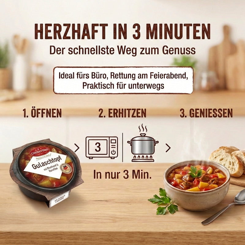 Dreistern Gulaschtopf 400g – Herzhaftes Fertiggericht mit Rindfleisch & Kartoffeln in würziger Sauce – Hausmacher Qualität, lange haltbar & schnell zubereitet