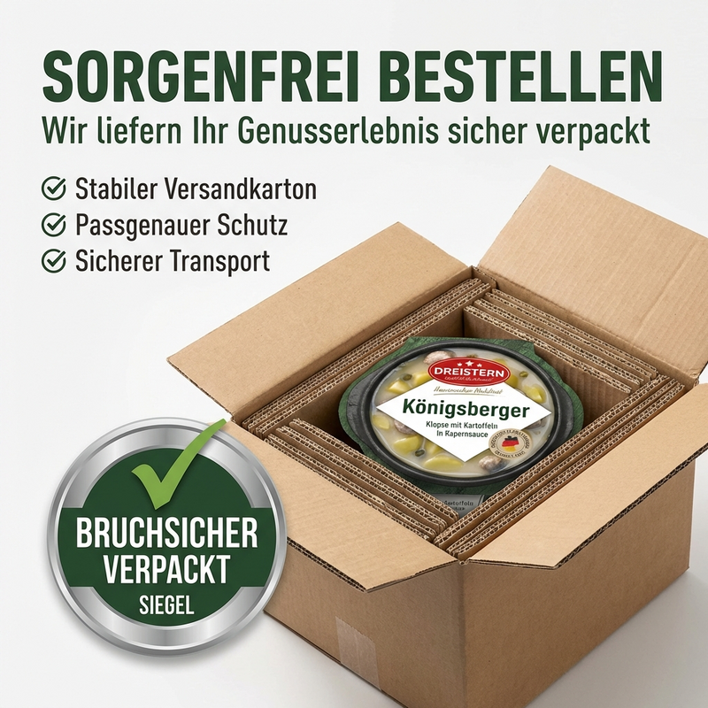 Dreistern Königsberger Klopse aus fein zerkleinertem Schweinefleisch mit Kartoffeln in Kapernsauce - einfach aufwärmen & fertig 400g