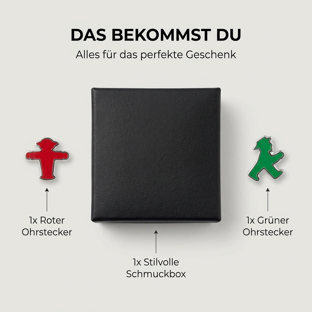 Rot-Grüne Ampelmann-Ohrstecker aus feinster Softemaille und versilbertem Kupfer veredelt, 1 cm Größe in Geschenkbox