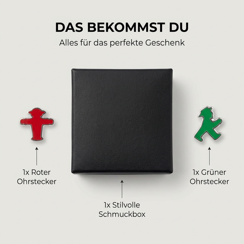 Rot-Grüne Ampelmann-Ohrstecker aus feinster Softemaille und versilbertem Kupfer veredelt, 1 cm Größe in Geschenkbox