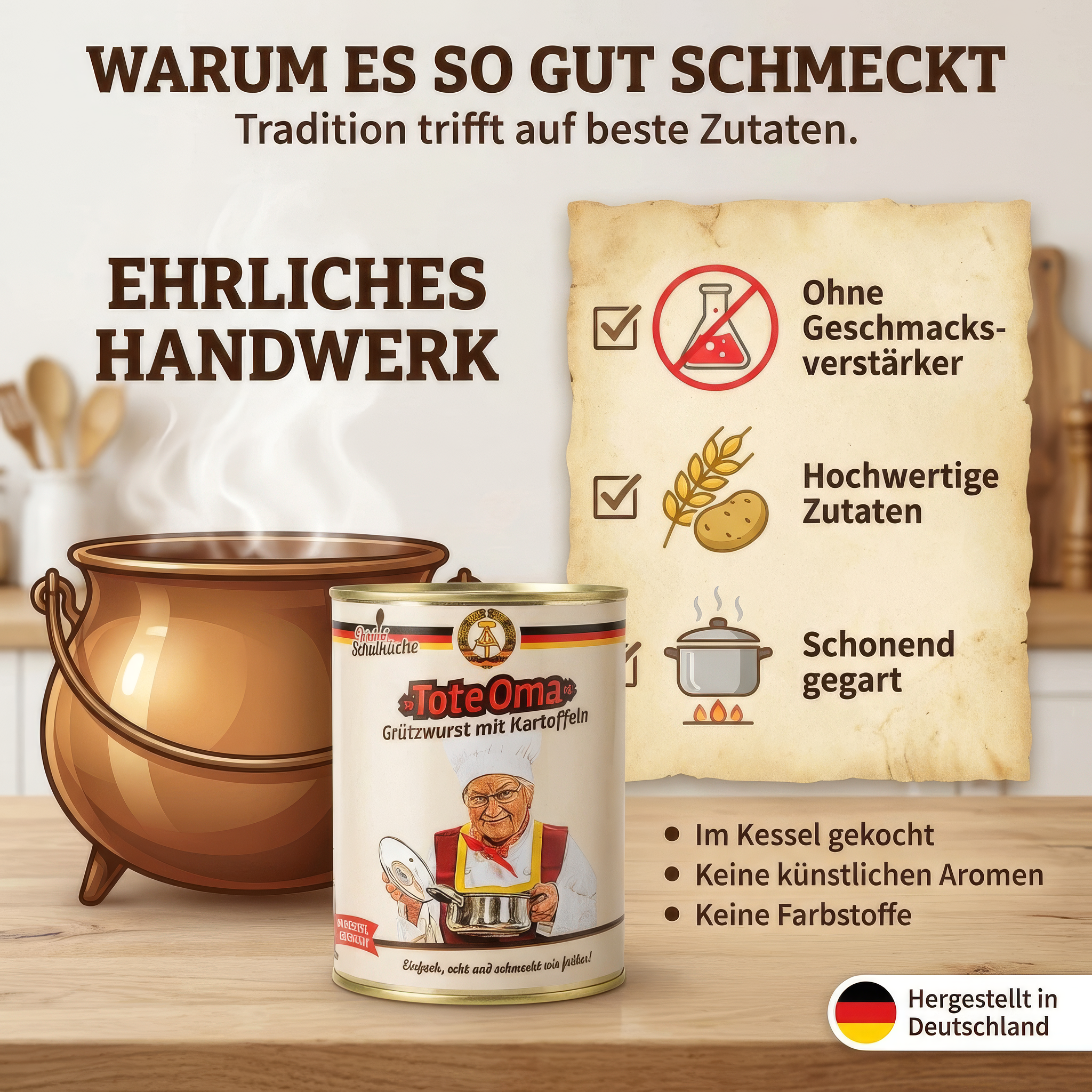 Tote Oma 800g - Grützwurst mit Kartoffeln im Kessel zubereitet - Original DDR Schulküche