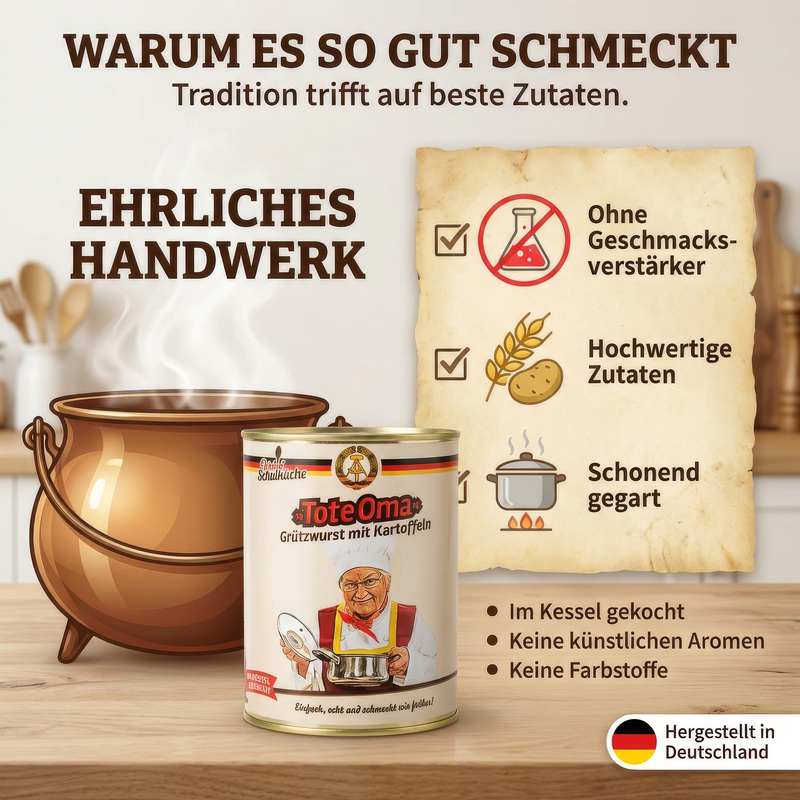 Tote Oma 800g - Grützwurst mit Kartoffeln im Kessel zubereitet - Original DDR Schulküche