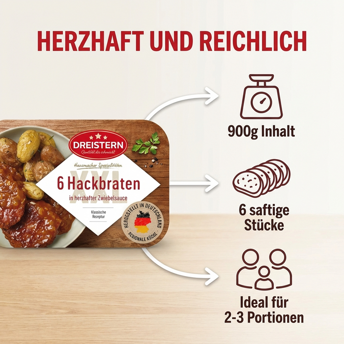 Dreistern Hackbraten 900g – 6 Stück in würziger Zwiebelsauce – Herzhaftes Fertiggericht in Mikrowellenschale, lange haltbar & schnell serviert in Hausmacher Qualität
