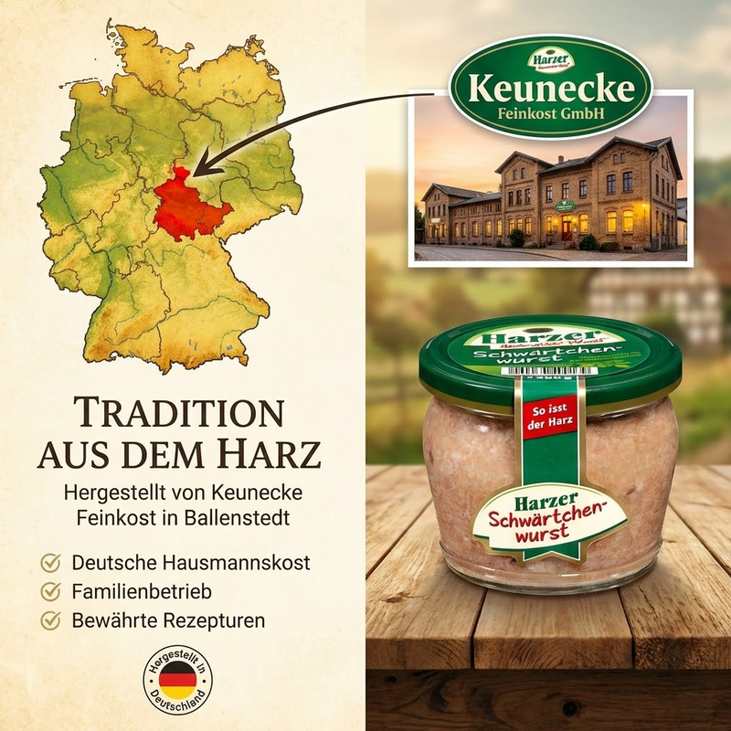 Keunecke Feinkost Harzer Schwärtchenwurst im Glas 200 g – herzhaft gewürzt mit Zwiebeln, Senfkörnern & Kümmel
